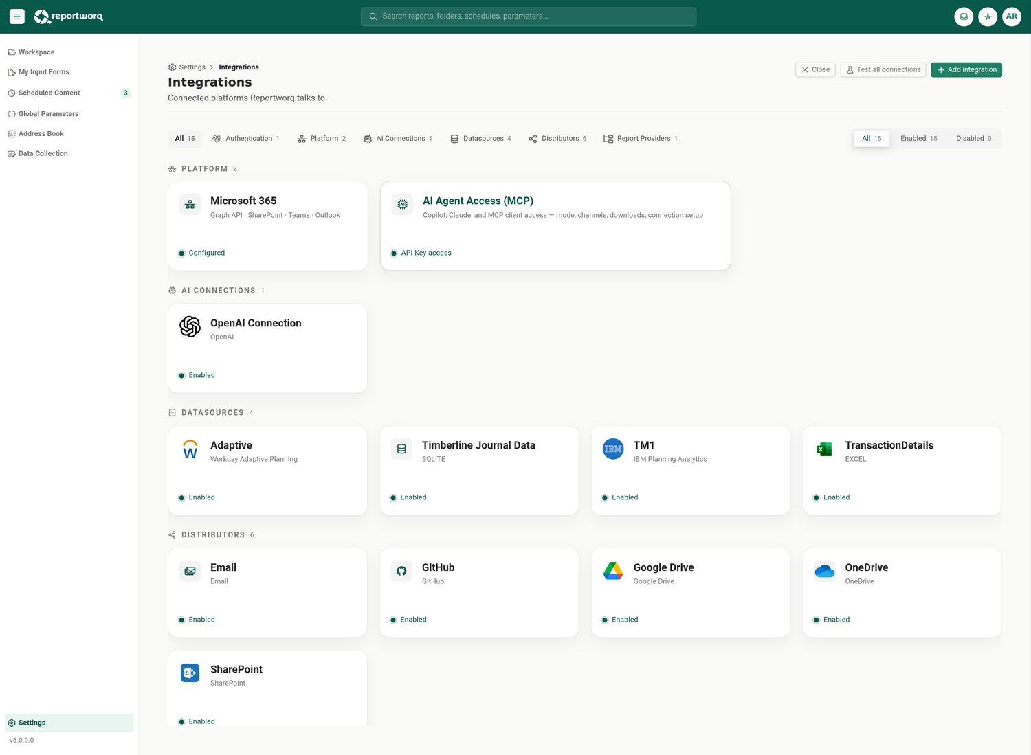 Reportworq screenshot: connected integrations