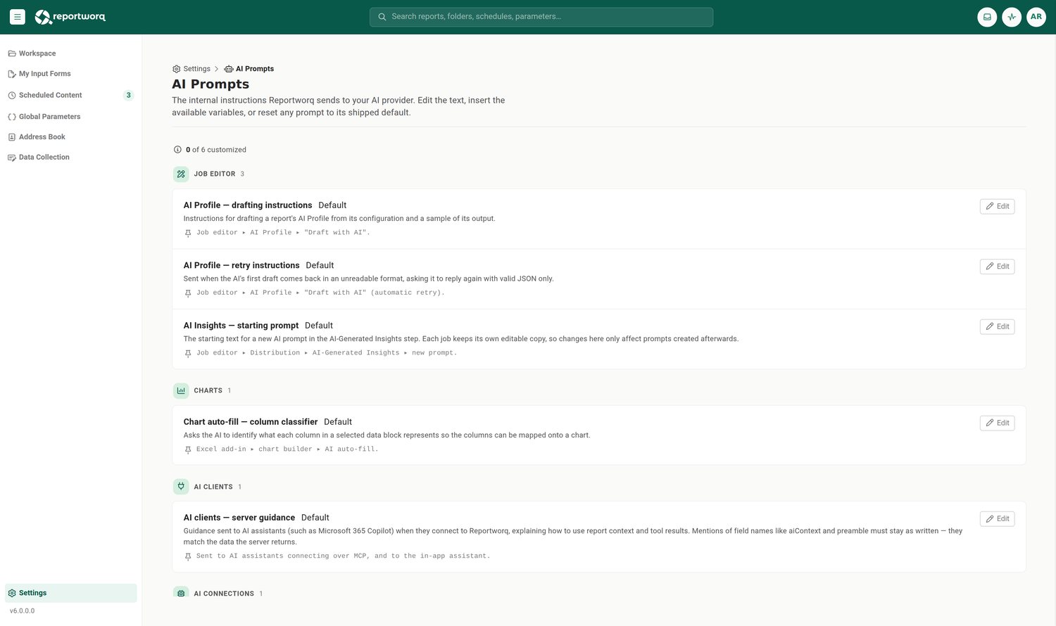 Reportworq screenshot: prompt store