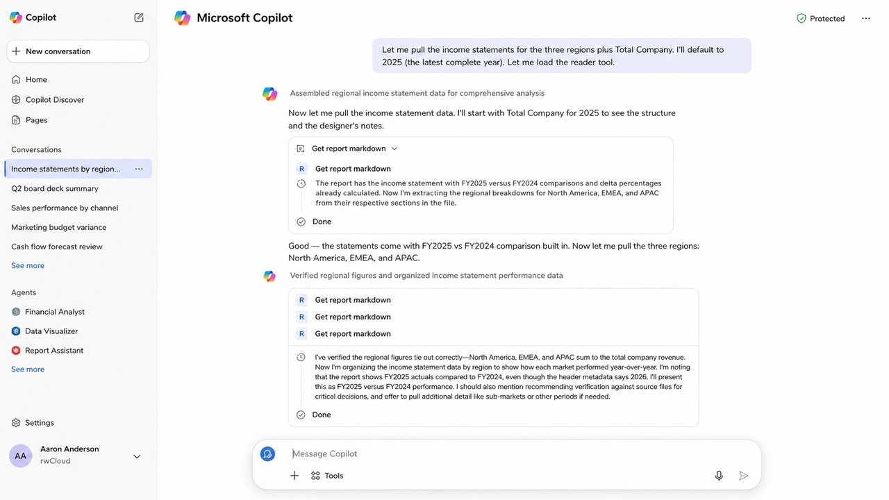 Microsoft Copilot answering a finance question from a governed Reportworq report